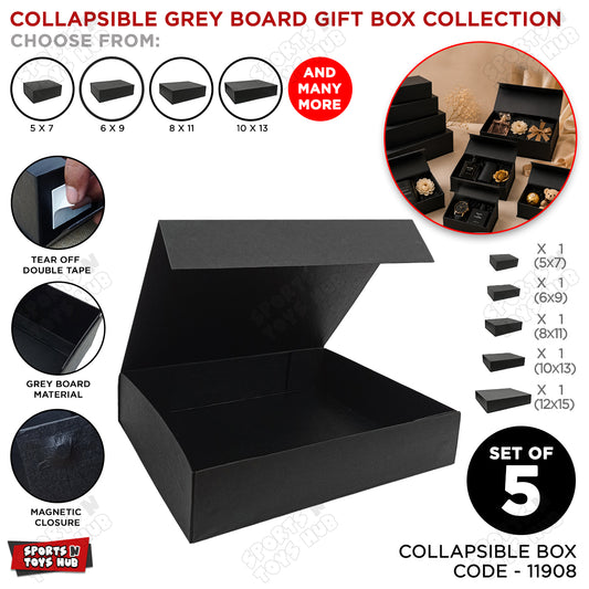 Collapsible Black Magnetic Gift Box Set of 5 – Premium Foldable Grey Board Gift Boxes for Luxury Gift Packaging, Wedding Gifts, Birthday Presents, Corporate Hampers & Festive Gift Wrapping