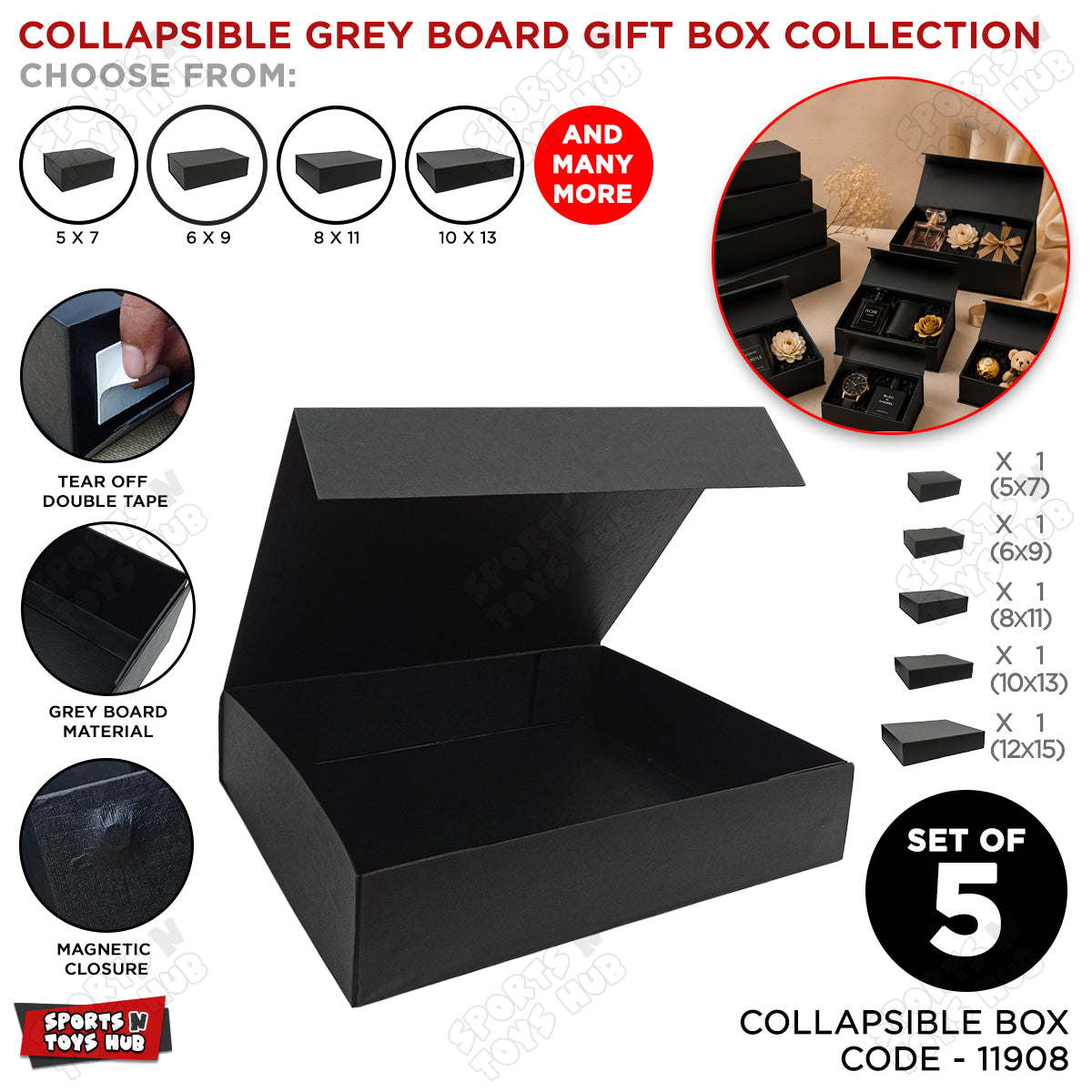 Collapsible Black Magnetic Gift Box – Premium Foldable Grey Board Gift Box for Luxury Gift Packaging, Wedding Gifts, Birthday Presents, Corporate Hampers & Festive Gift Wrapping
