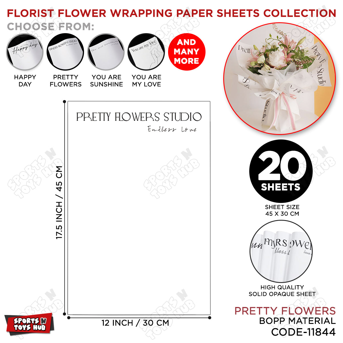 Pretty Flowers White BOPP Flower Wrapping Paper Sheets Pack of 20 – Premium Waterproof Bouquet Wrapping Paper for Fresh Flowers, Floral Arrangements, Wedding Bouquets, Florist Supplies, Gift Wrapping & Flower Packaging