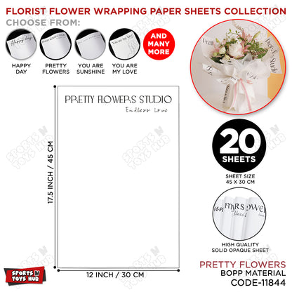 Pretty Flowers White BOPP Flower Wrapping Paper Sheets Pack of 20 – Premium Waterproof Bouquet Wrapping Paper for Fresh Flowers, Floral Arrangements, Wedding Bouquets, Florist Supplies, Gift Wrapping & Flower Packaging