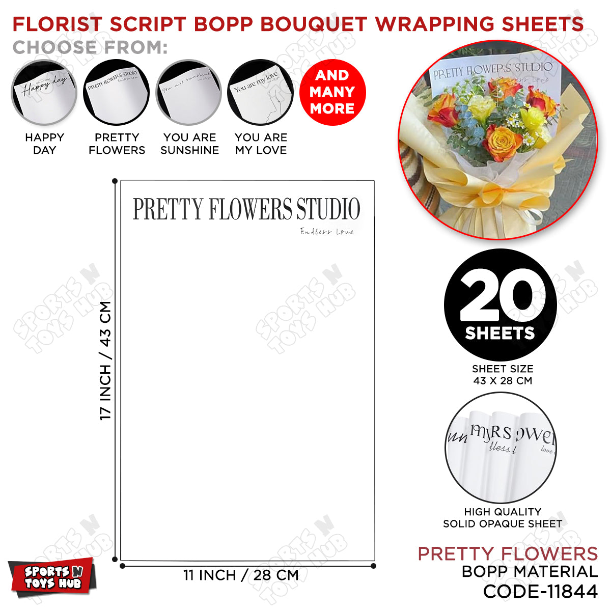 Pretty Flowers Studio White BOPP Flower Wrapping Sheets Pack of 20 – Premium Waterproof Bouquet for Fresh Flowers, Floral Arrangements, Wedding Bouquets, Florist Supplies, Gift Wrapping & Flower Packaging