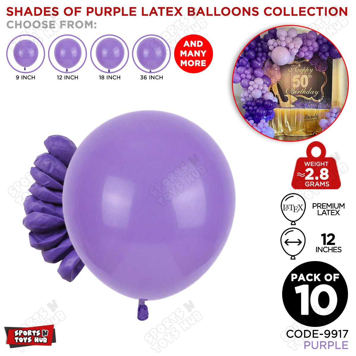 Purple Latex Balloons Available In 9, 12, 18 & 36 Inch Sizes