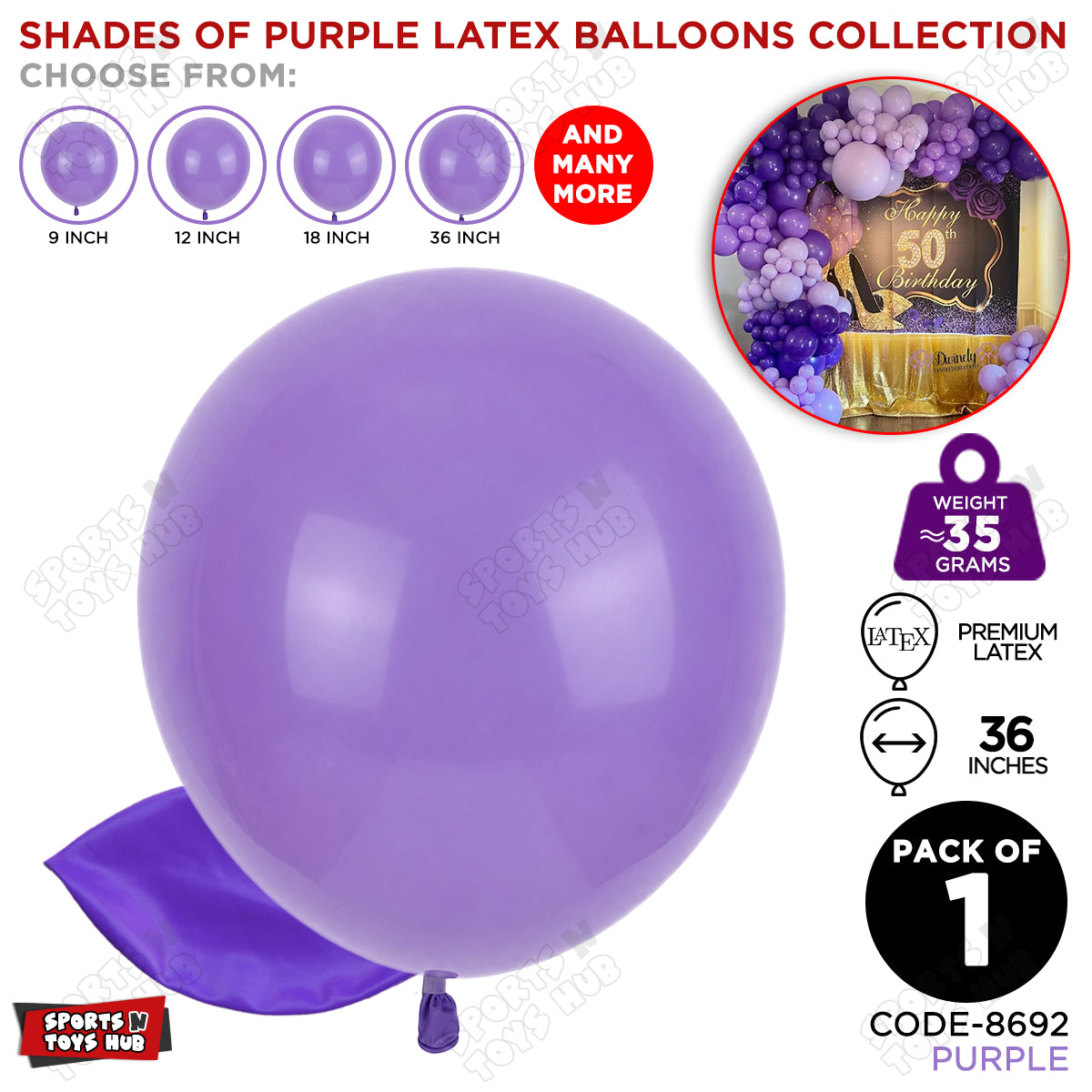Purple Latex Balloons Available In 9, 12, 18 & 36 Inch Sizes