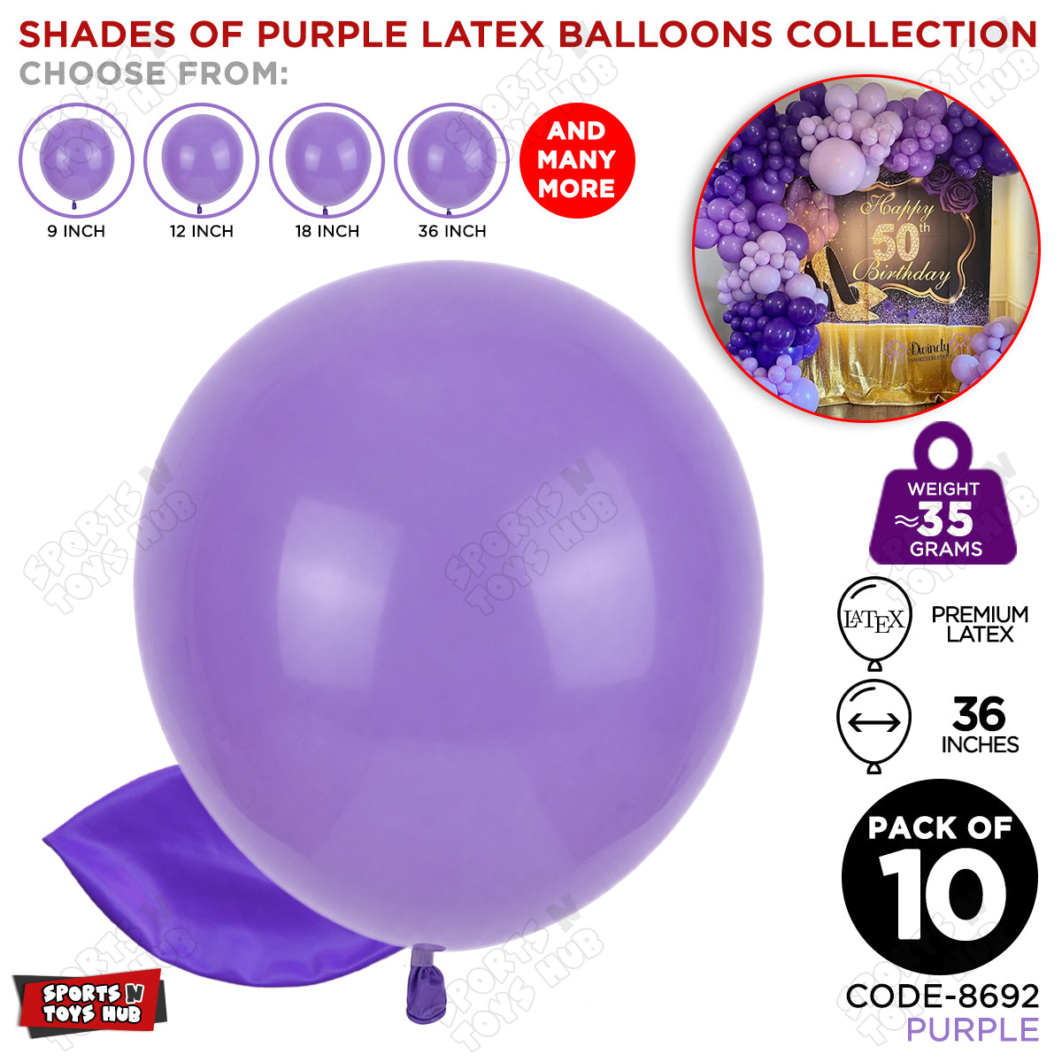 Purple Latex Balloons Available In 9, 12, 18 & 36 Inch Sizes