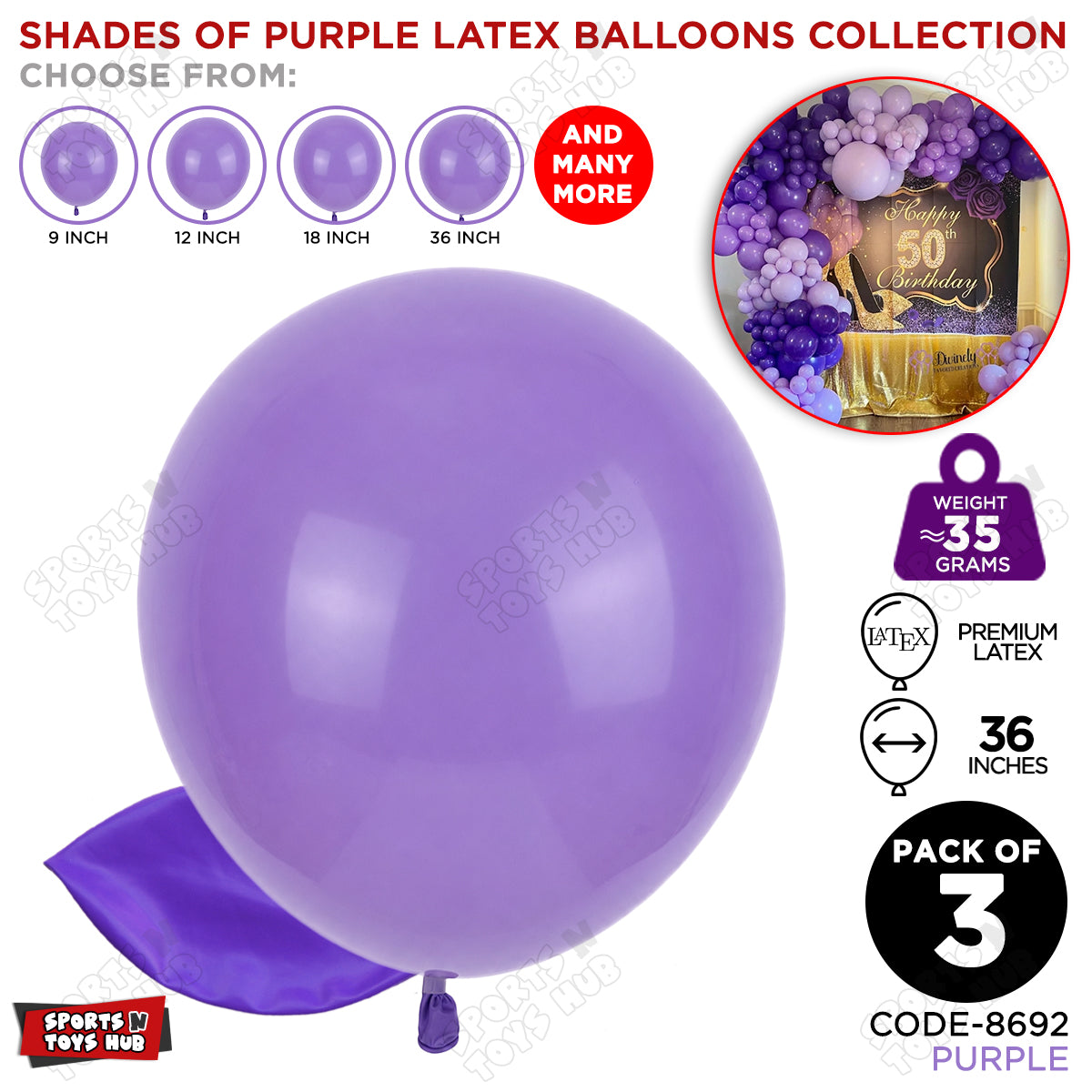 Purple Latex Balloons Available In 9, 12, 18 & 36 Inch Sizes