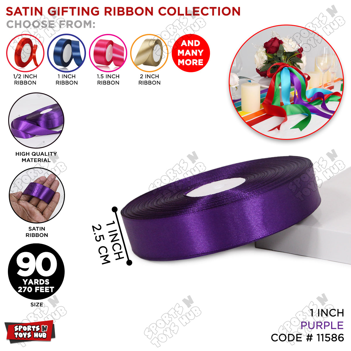 1 Inch x 90 Yards – Multi-Purpose Plain Satin Ribbon Roll for Gift Wrapping, Crafts & Decor