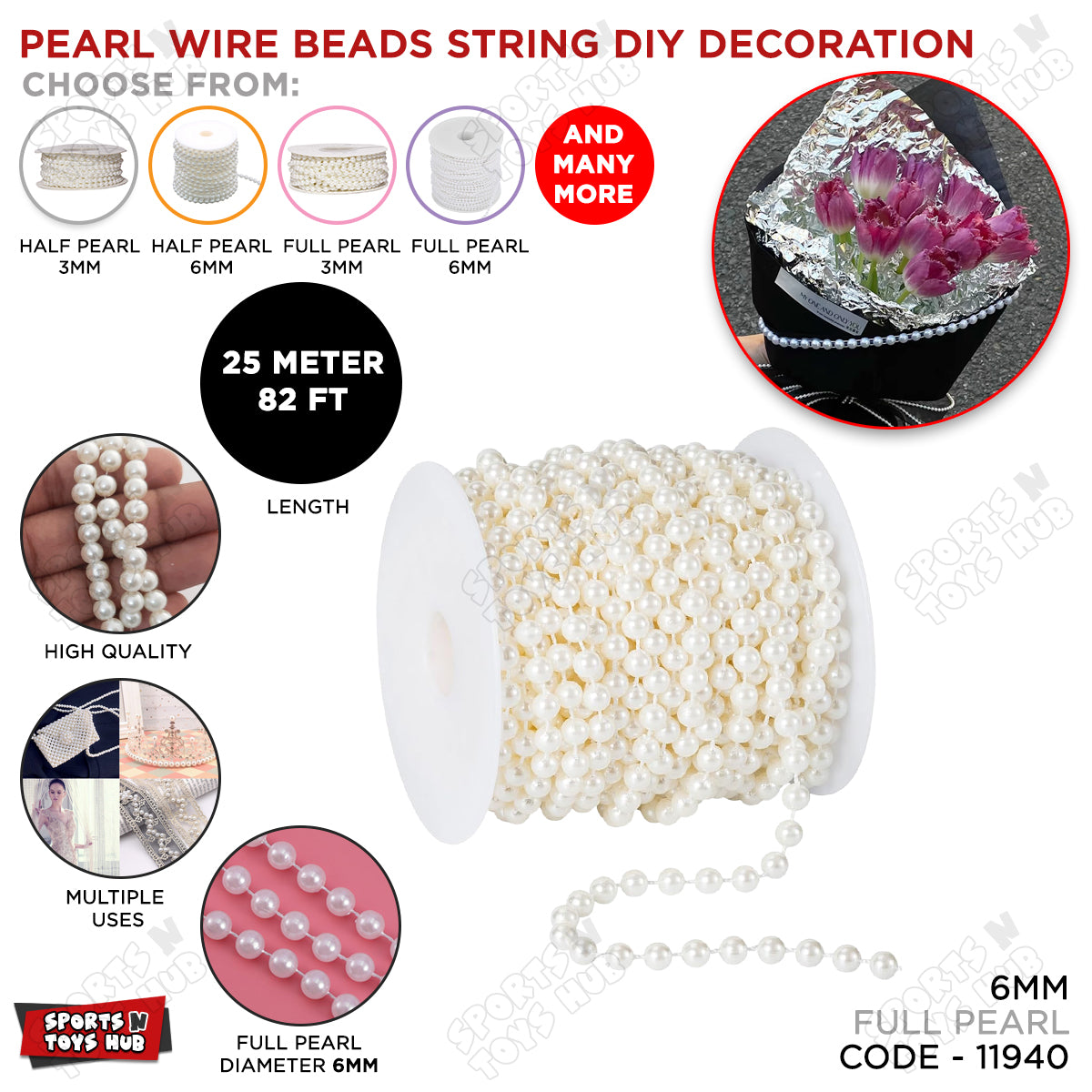 Pearl Beads String Wire – 4mm, 6mm & 10mm, Decorative Pearl Bead Chain for DIY Crafts, Floral Bouquets, Gift Wrapping, Wedding, Party & Event Decorations