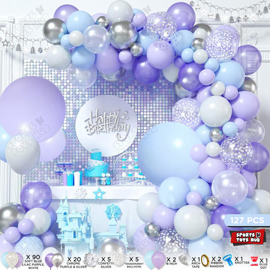 Soft Blue, Lilac Purple, White & Silver Color Arch Latex Balloon & Chrome Theme Set - 127 Pcs