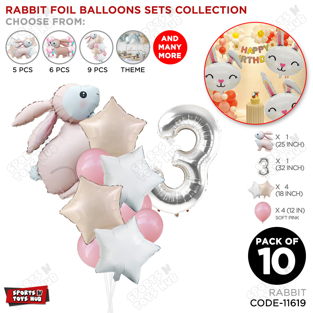 4D Standing Bunny Rabbit Pack Of 10 Character Foil Balloon