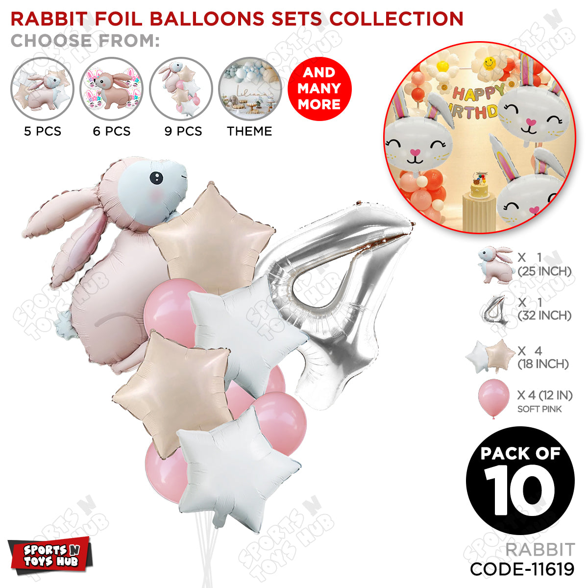 4D Standing Bunny Rabbit Pack Of 10 Character Foil Balloon