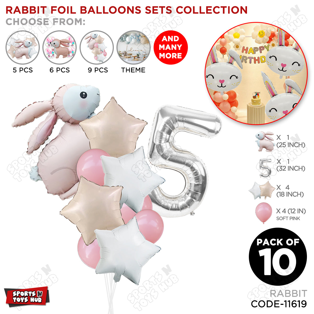 4D Standing Bunny Rabbit Pack Of 10 Character Foil Balloon