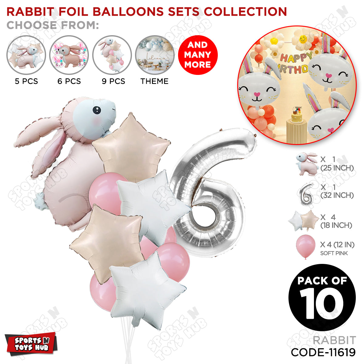4D Standing Bunny Rabbit Pack Of 10 Character Foil Balloon