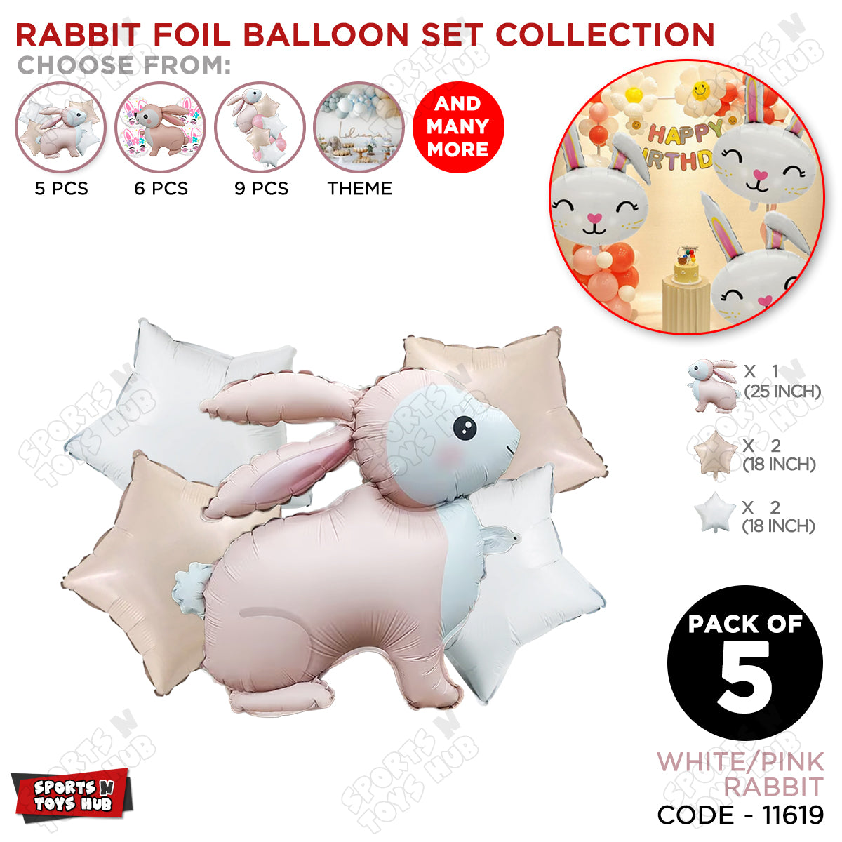4D Standing Bunny Rabbit Pack Of 5 Character Foil Balloon