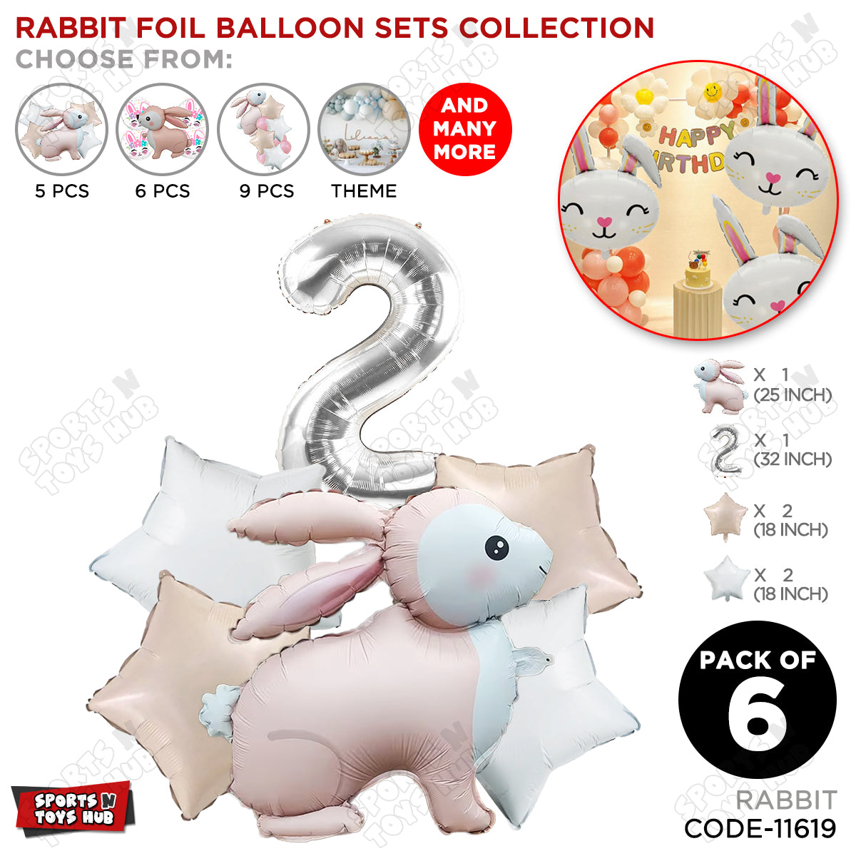 4D Standing Bunny Rabbit Pack Of 6 Character Foil Balloon