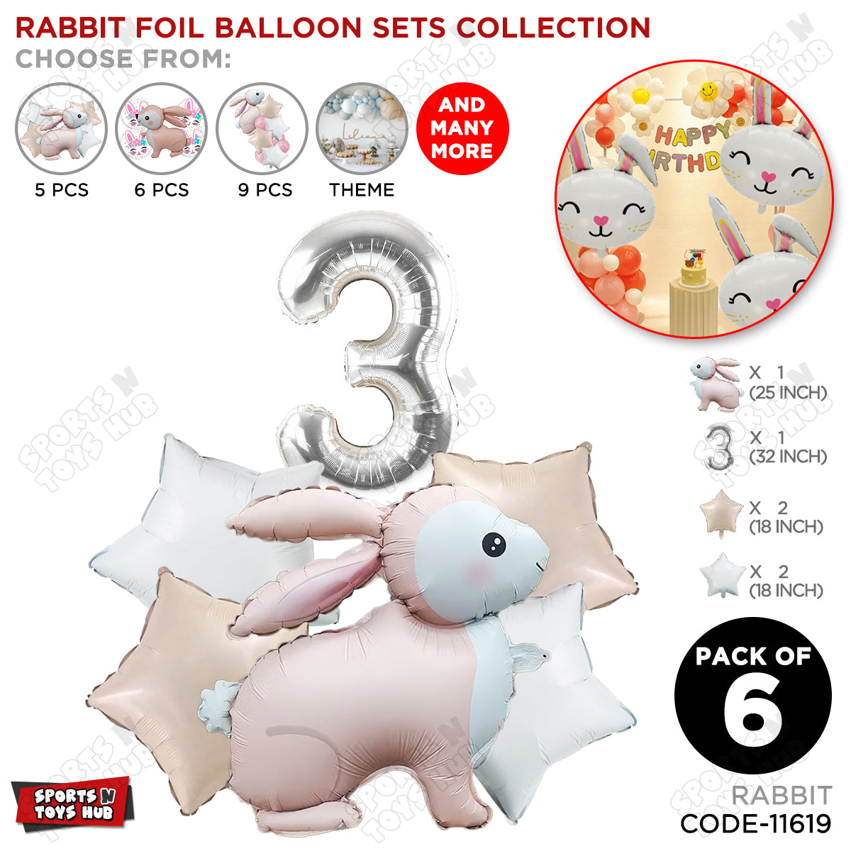 4D Standing Bunny Rabbit Pack Of 6 Character Foil Balloon