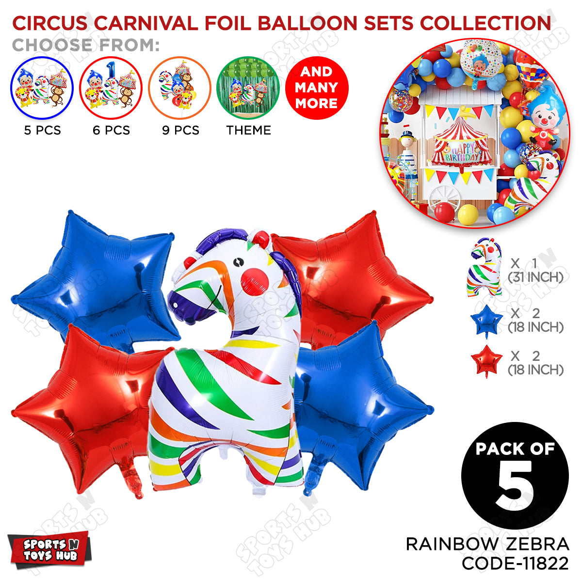 Circus Rainbow Zebra Pack Of 5 Foil Balloon Set