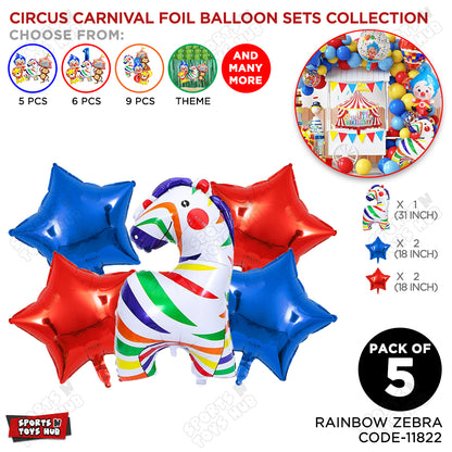 Circus Rainbow Zebra Pack Of 5 Foil Balloon Set