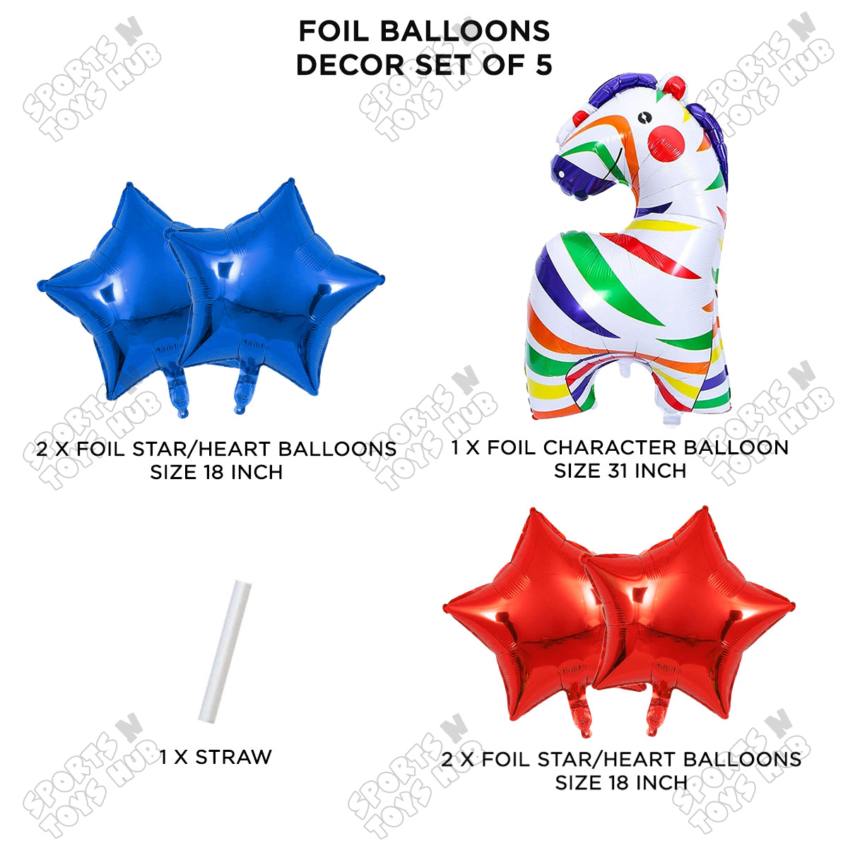 Circus Rainbow Zebra Pack Of 5 Foil Balloon Set