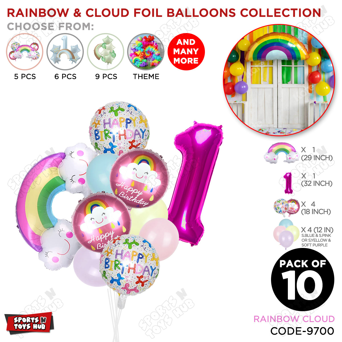 Rainbow & Cloud Foil Balloon Pack Of 10 Set With 32 Inch Foil Number Balloons