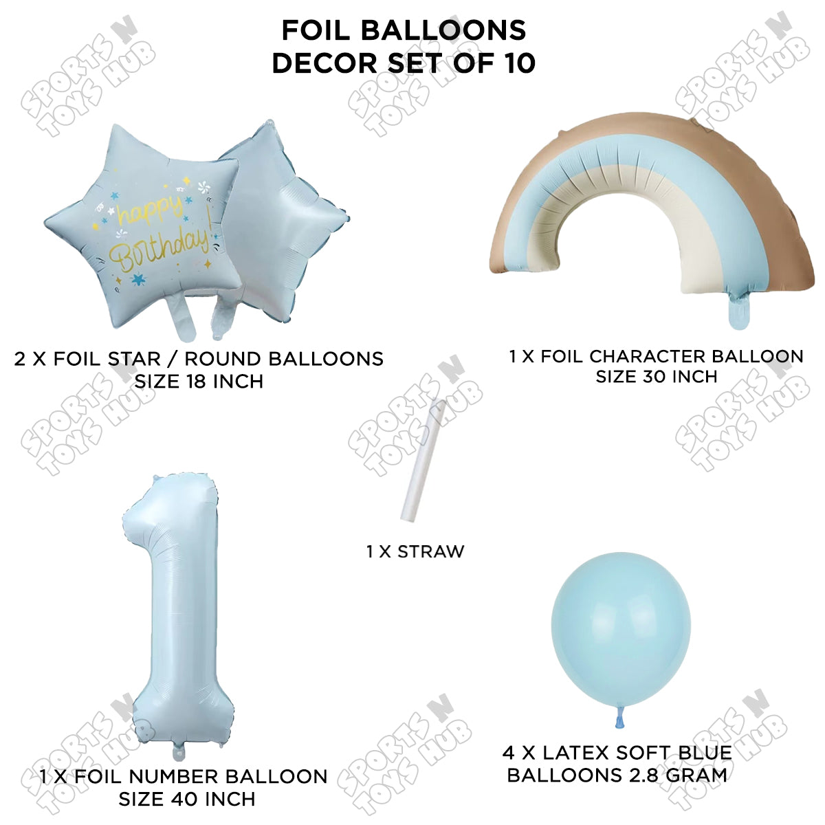 Pastel Blue Matte Color Rainbow & Cloud Pack Of 10 Set With 40 Inch Foil Number Balloons