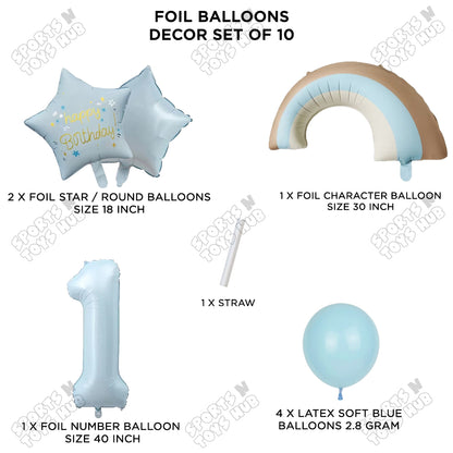 Pastel Blue Matte Color Rainbow & Cloud Pack Of 10 Set With 40 Inch Foil Number Balloons
