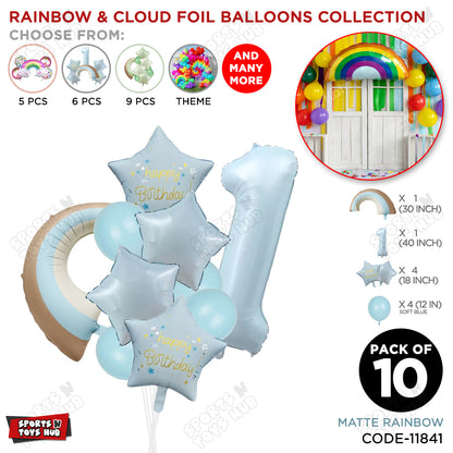 Pastel Blue Matte Color Rainbow & Cloud Pack Of 10 Set With 40 Inch Foil Number Balloons