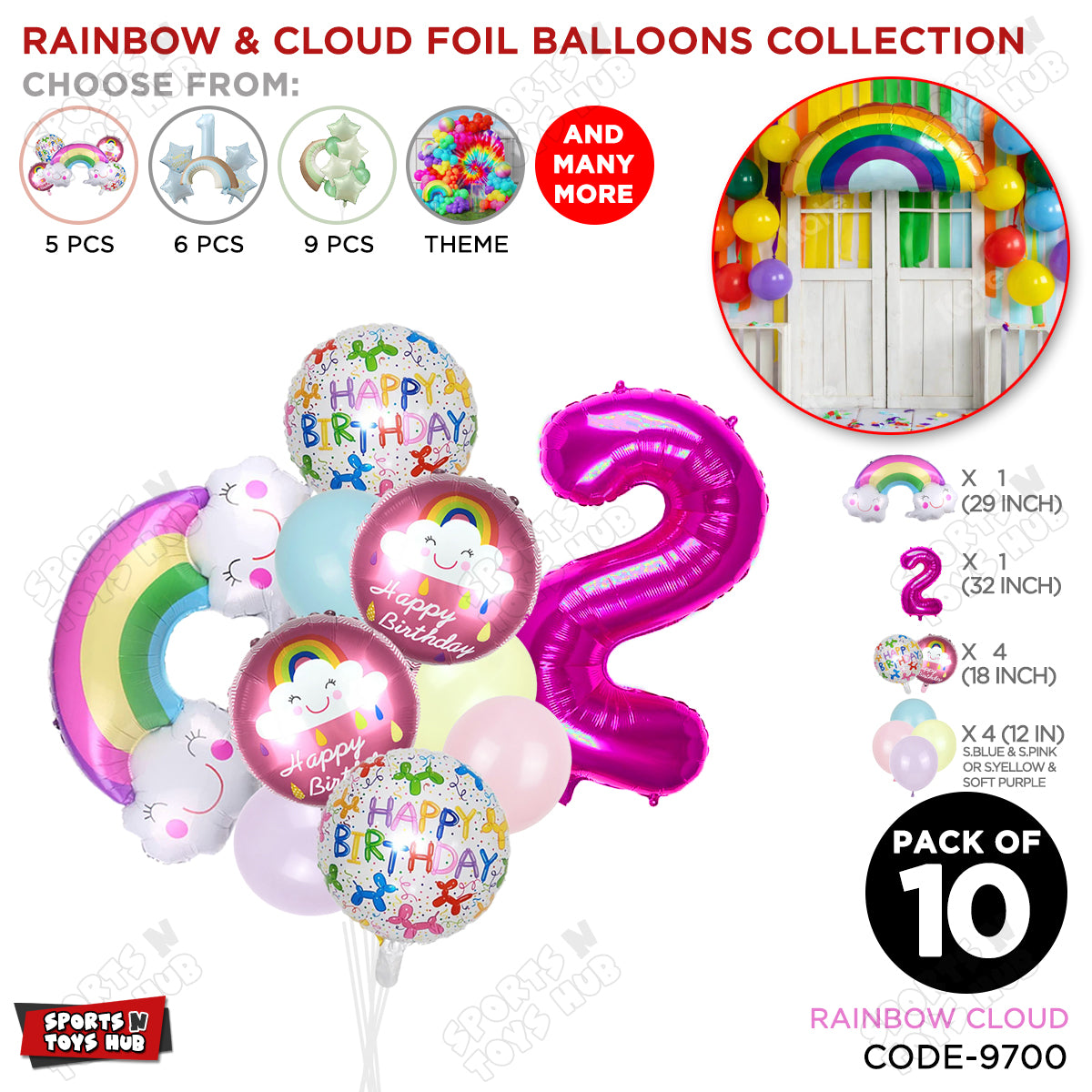 Rainbow & Cloud Foil Balloon Pack Of 10 Set With 32 Inch Foil Number Balloons