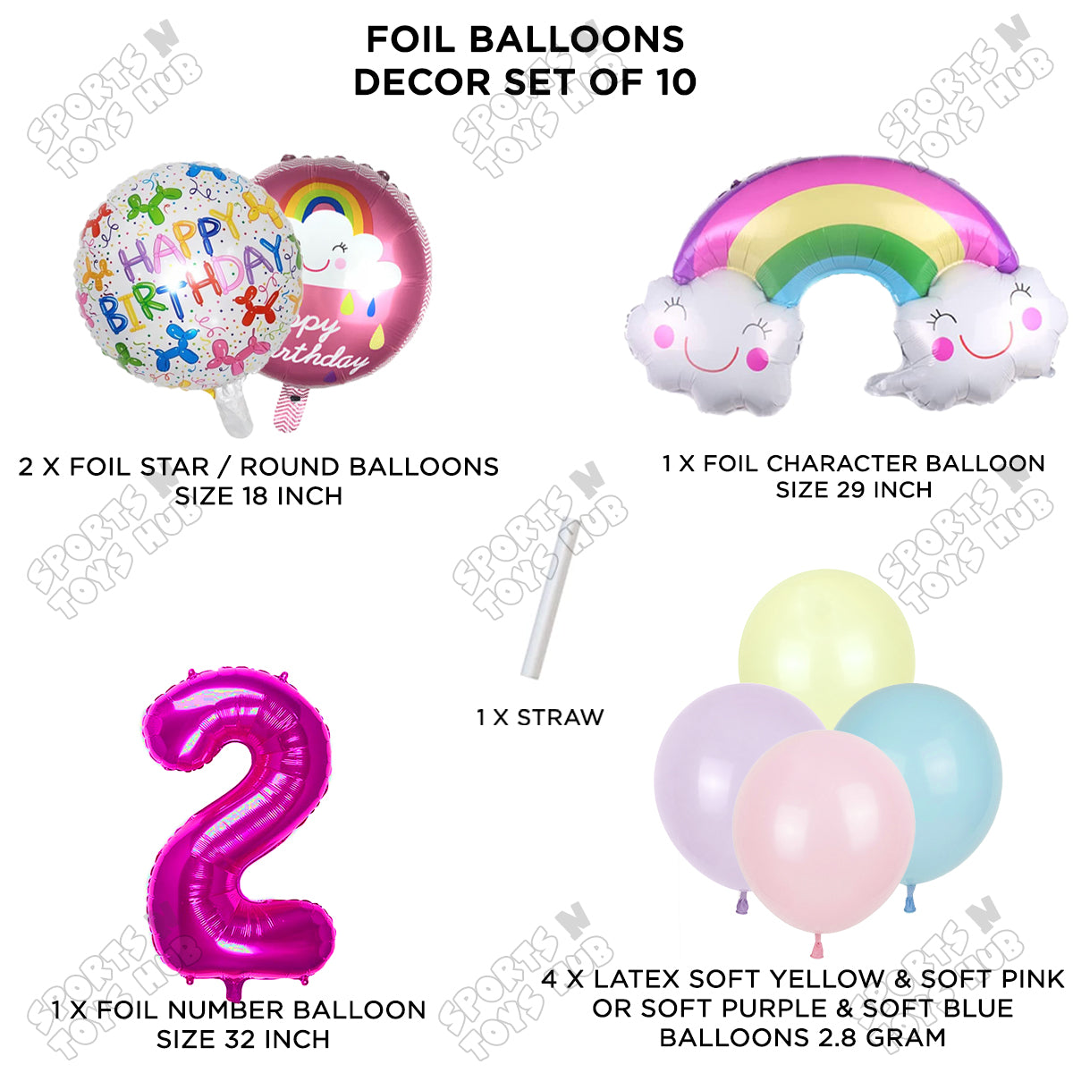 Rainbow & Cloud Foil Balloon Pack Of 10 Set With 32 Inch Foil Number Balloons