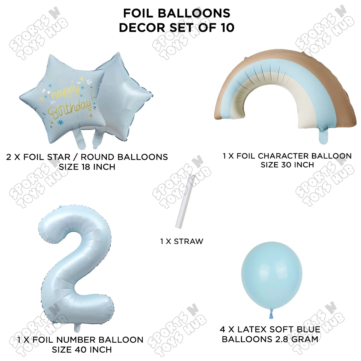 Pastel Blue Matte Color Rainbow & Cloud Pack Of 10 Set With 40 Inch Foil Number Balloons