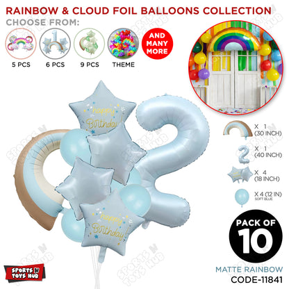 Pastel Blue Matte Color Rainbow & Cloud Pack Of 10 Set With 40 Inch Foil Number Balloons