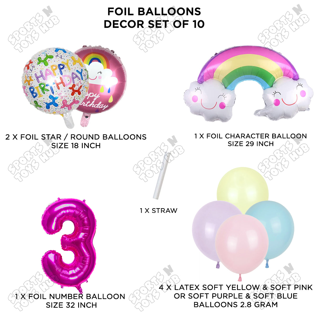 Rainbow & Cloud Foil Balloon Pack Of 10 Set With 32 Inch Foil Number Balloons