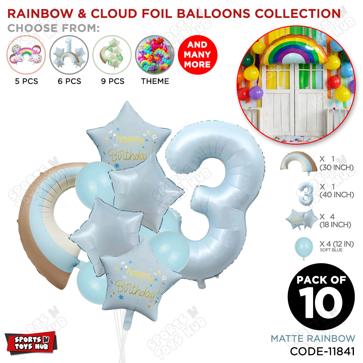 Pastel Blue Matte Color Rainbow & Cloud Pack Of 10 Set With 40 Inch Foil Number Balloons