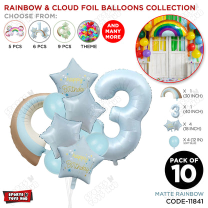 Pastel Blue Matte Color Rainbow & Cloud Pack Of 10 Set With 40 Inch Foil Number Balloons