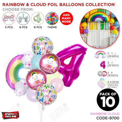 Rainbow & Cloud Foil Balloon Pack Of 10 Set With 32 Inch Foil Number Balloons