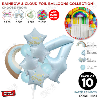 Pastel Blue Matte Color Rainbow & Cloud Pack Of 10 Set With 40 Inch Foil Number Balloons