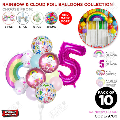 Rainbow & Cloud Foil Balloon Pack Of 10 Set With 32 Inch Foil Number Balloons