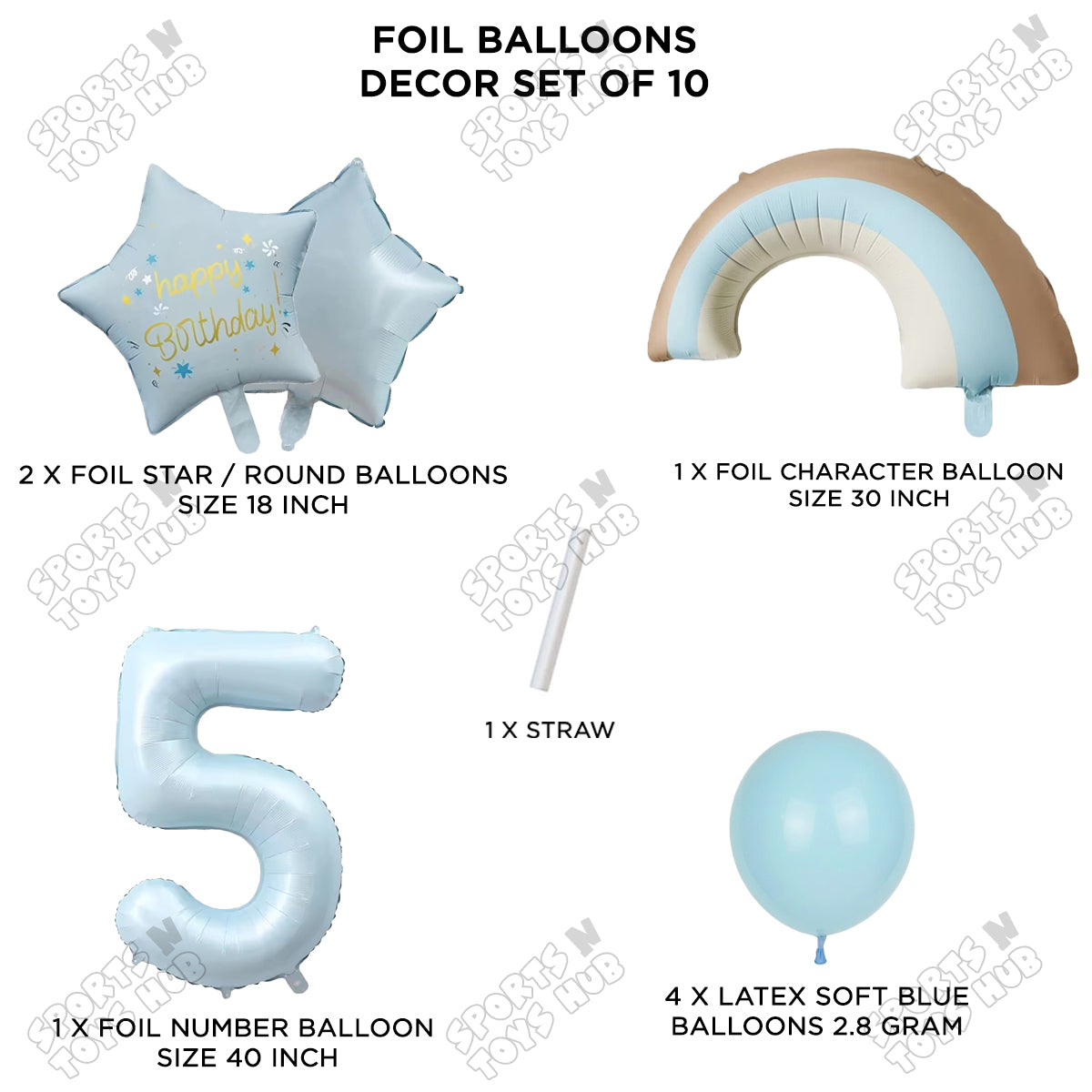 Pastel Blue Matte Color Rainbow & Cloud Pack Of 10 Set With 40 Inch Foil Number Balloons