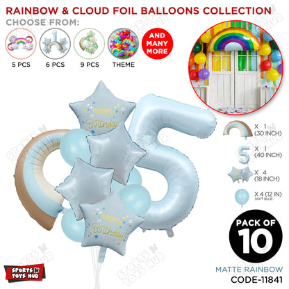 Pastel Blue Matte Color Rainbow & Cloud Pack Of 10 Set With 40 Inch Foil Number Balloons