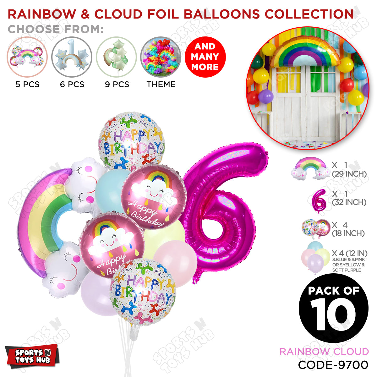 Rainbow & Cloud Foil Balloon Pack Of 10 Set With 32 Inch Foil Number Balloons