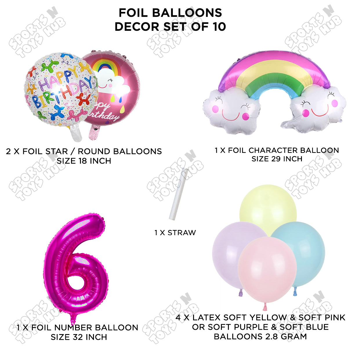 Rainbow & Cloud Foil Balloon Pack Of 10 Set With 32 Inch Foil Number Balloons