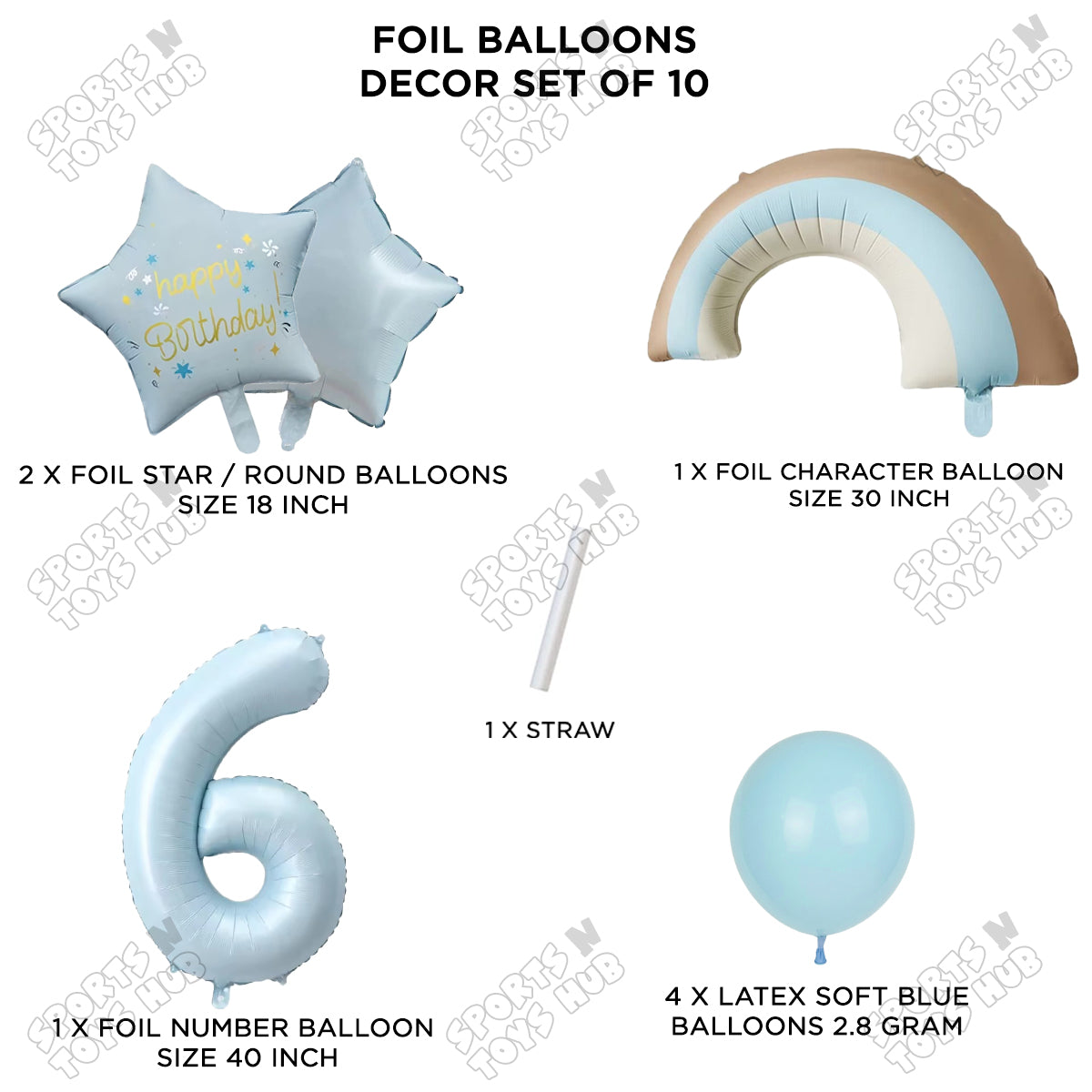 Pastel Blue Matte Color Rainbow & Cloud Pack Of 10 Set With 40 Inch Foil Number Balloons
