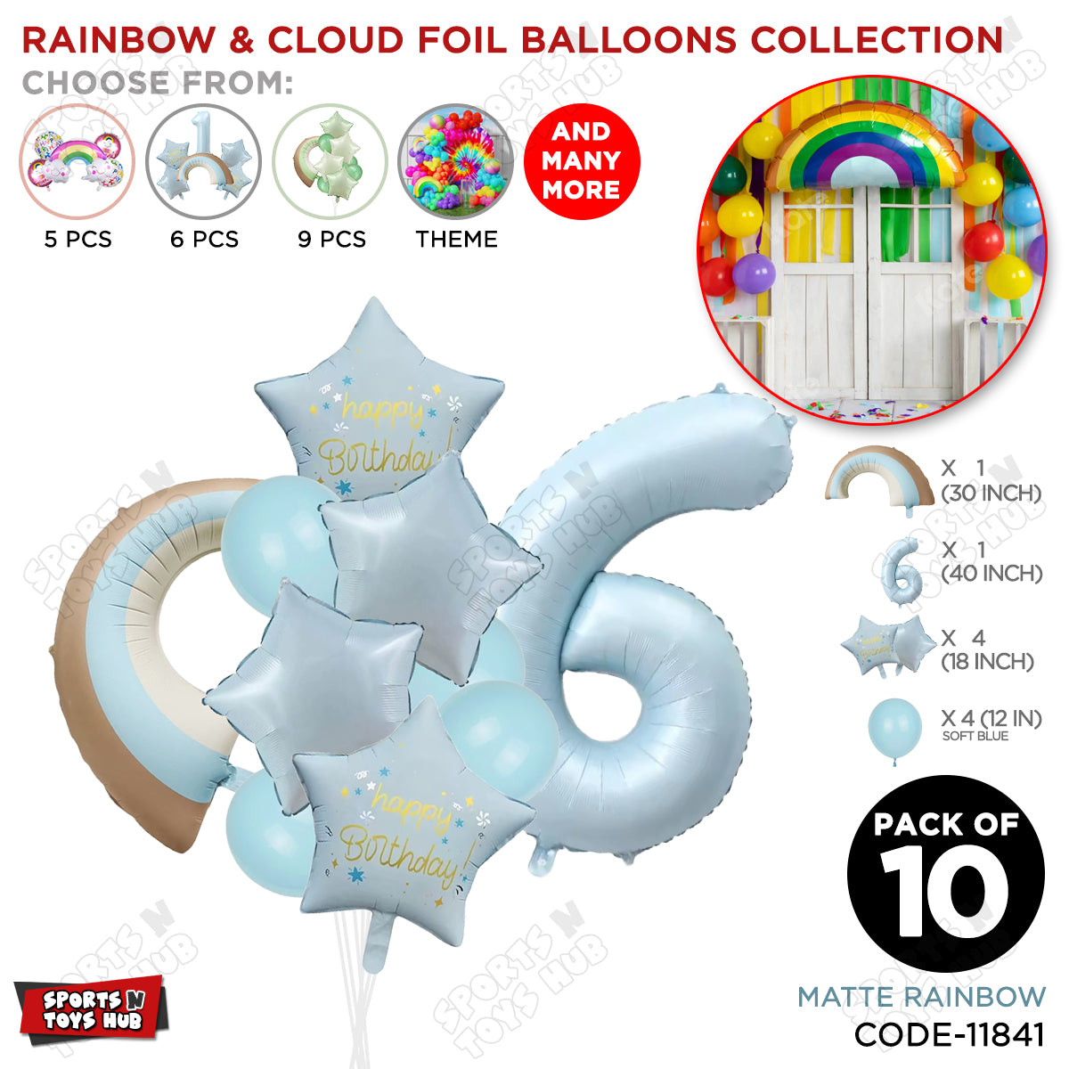 Pastel Blue Matte Color Rainbow & Cloud Pack Of 10 Set With 40 Inch Foil Number Balloons