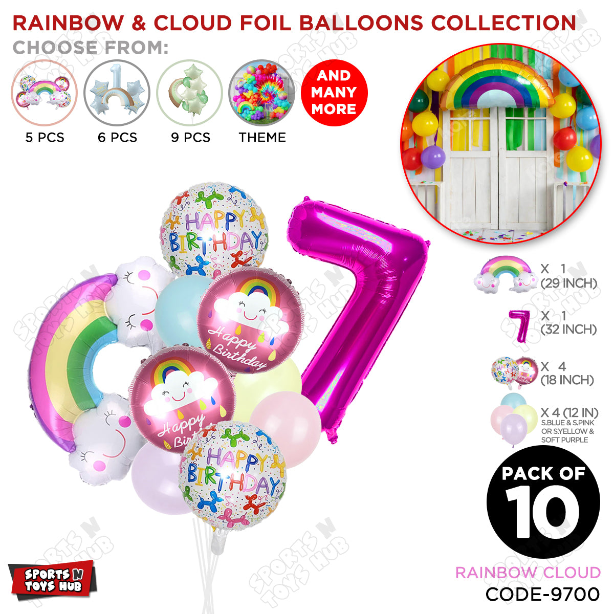 Rainbow & Cloud Foil Balloon Pack Of 10 Set With 32 Inch Foil Number Balloons