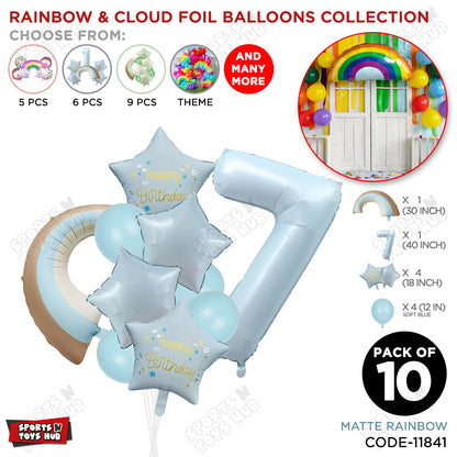 Pastel Blue Matte Color Rainbow & Cloud Pack Of 10 Set With 40 Inch Foil Number Balloons