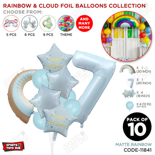 Pastel Blue Matte Color Rainbow & Cloud Pack Of 10 Set With 40 Inch Foil Number Balloons