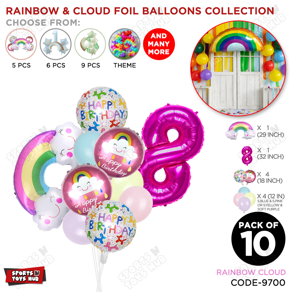 Rainbow & Cloud Foil Balloon Pack Of 10 Set With 32 Inch Foil Number Balloons