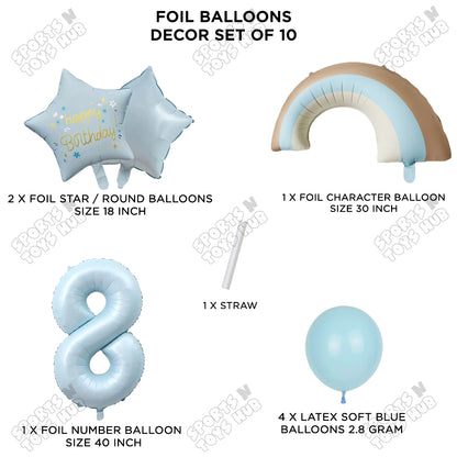 Pastel Blue Matte Color Rainbow & Cloud Pack Of 10 Set With 40 Inch Foil Number Balloons