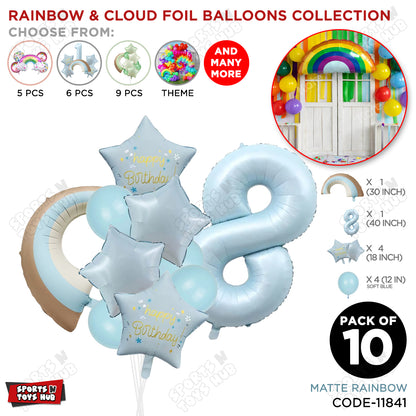 Pastel Blue Matte Color Rainbow & Cloud Pack Of 10 Set With 40 Inch Foil Number Balloons
