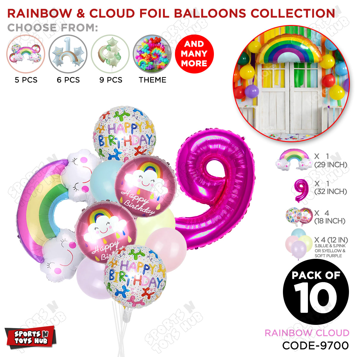 Rainbow & Cloud Foil Balloon Pack Of 10 Set With 32 Inch Foil Number Balloons