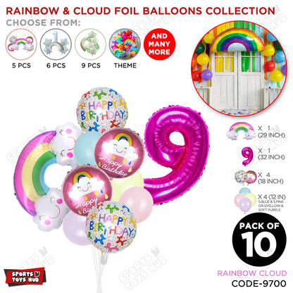 Rainbow & Cloud Foil Balloon Pack Of 10 Set With 32 Inch Foil Number Balloons